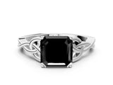 White gold Fancy Black Asscher Cut Diamond Solitaire Engagement Ring with Celtic Knot Band and Four-Prong Setting