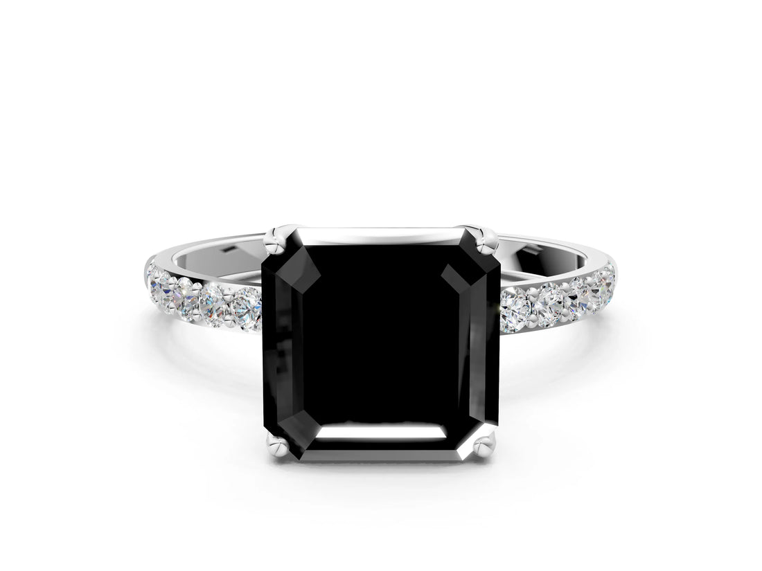 White gold Fancy Black Asscher Cut Diamond Solitaire Engagement Ring with Pavé Band and Prong Setting