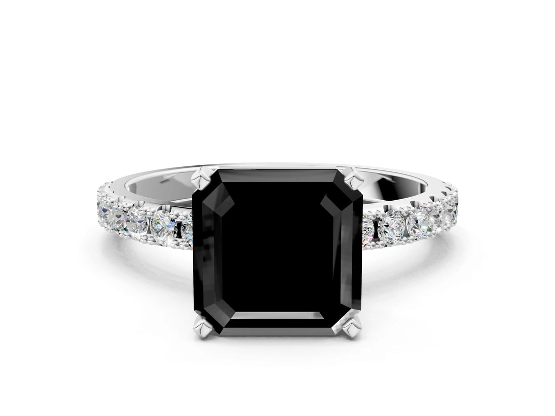 White gold Fancy Black Asscher Cut Diamond Solitaire Pavé Band with Four-Prong Setting