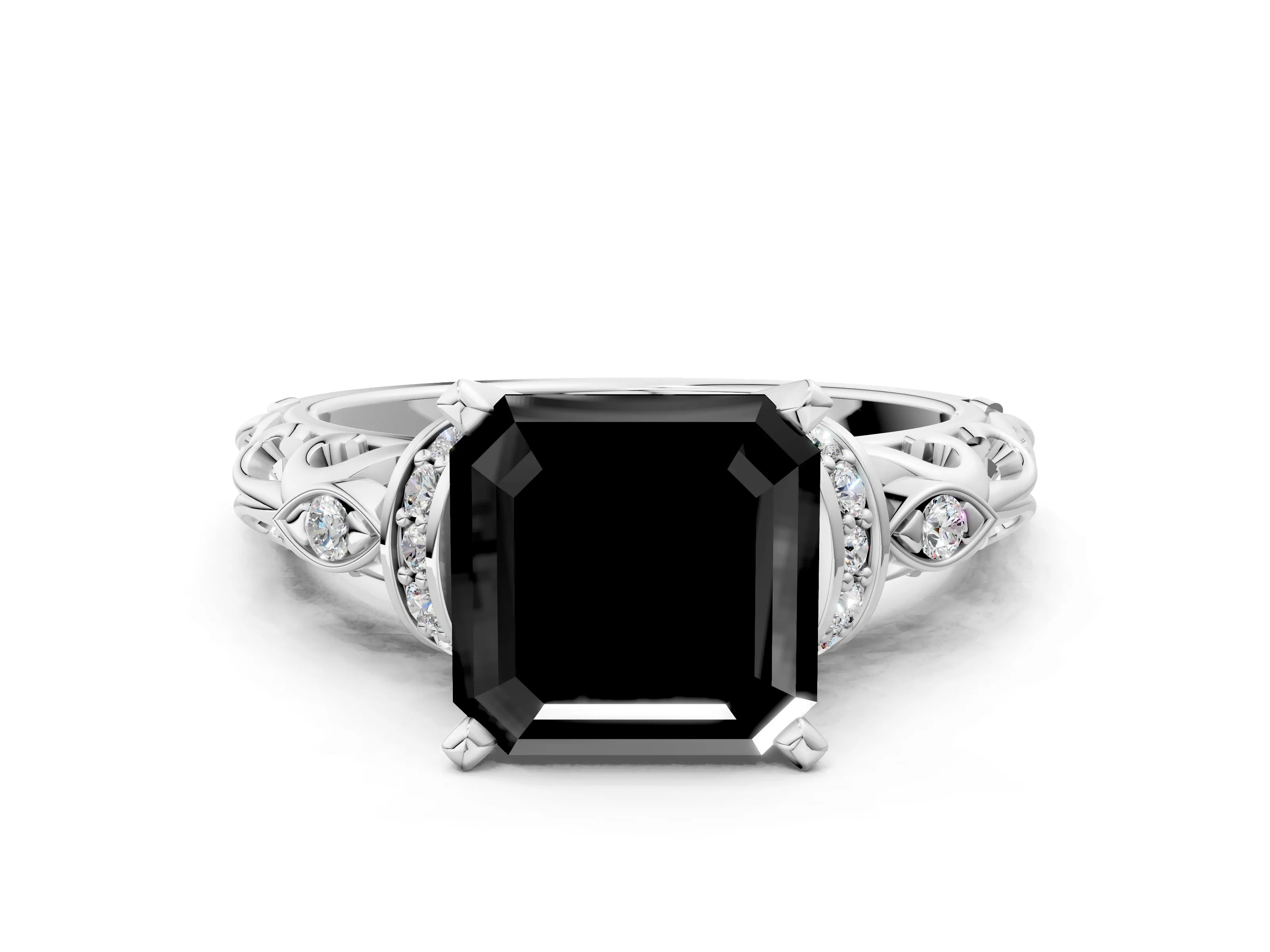 White gold Fancy Black Asscher Cut Diamond Solitaire Ring with Filigree Band and Four-Prong Setting_12