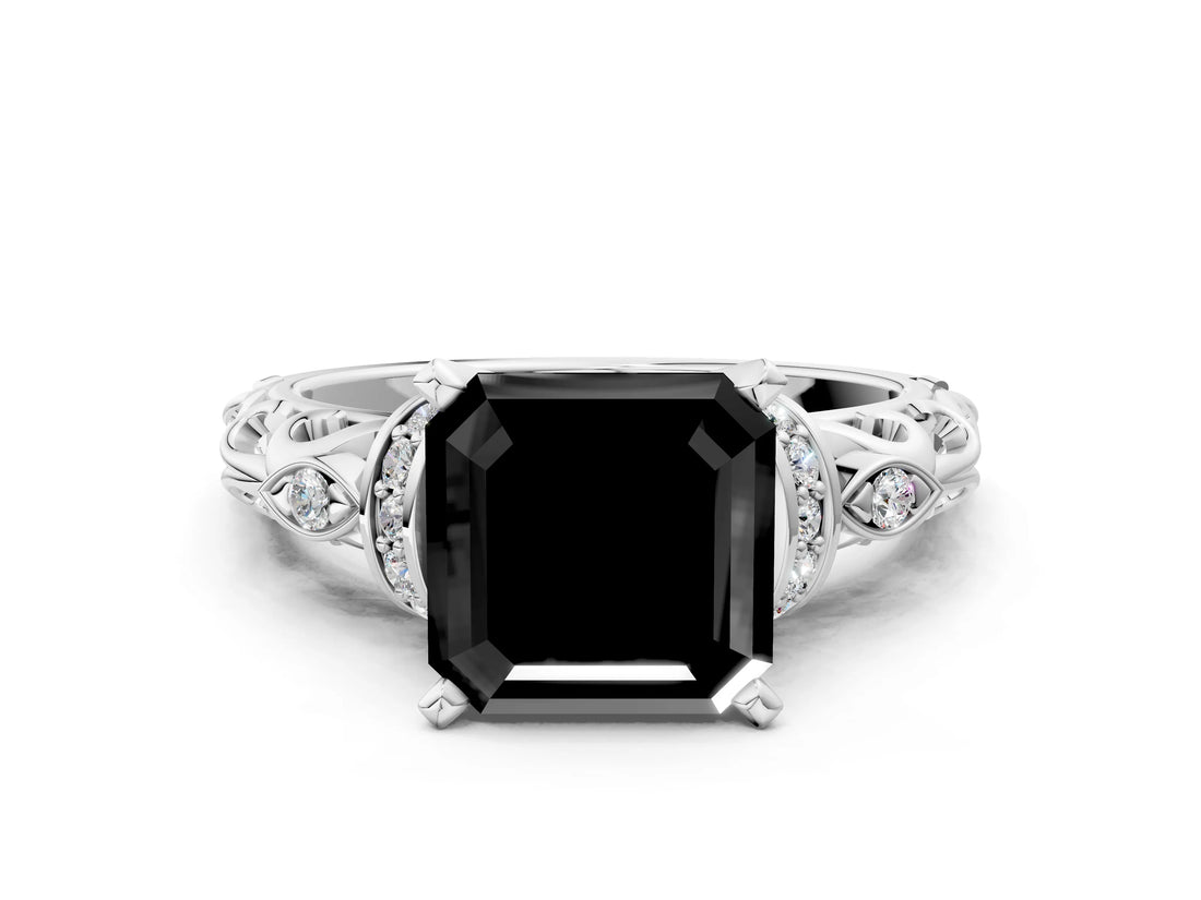 White gold Fancy Black Asscher Cut Diamond Solitaire Ring with Filigree Band and Four-Prong Setting_12
