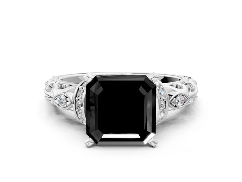 White gold Fancy Black Asscher Cut Diamond Solitaire Ring with Filigree Band and Four-Prong Setting_12