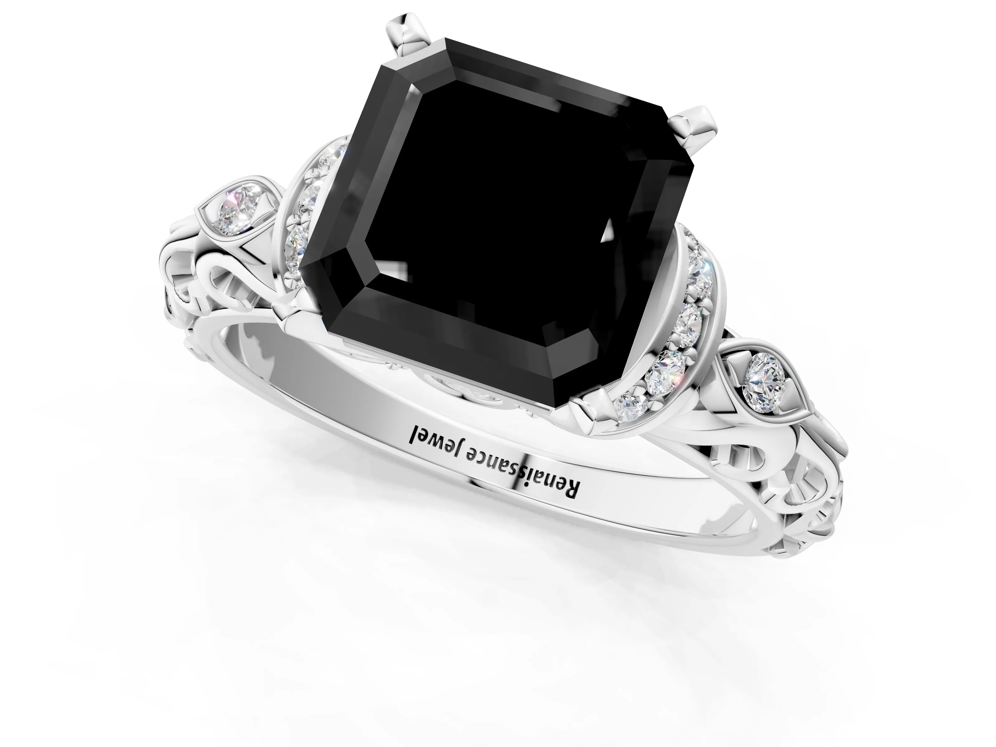 White gold Fancy Black Asscher Cut Diamond Solitaire Ring with Filigree Band and Four-Prong Setting_13