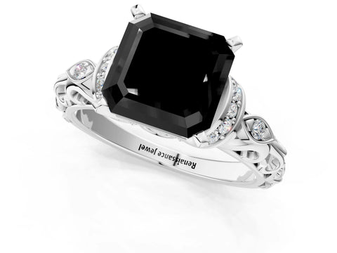 White gold Fancy Black Asscher Cut Diamond Solitaire Ring with Filigree Band and Four-Prong Setting_13