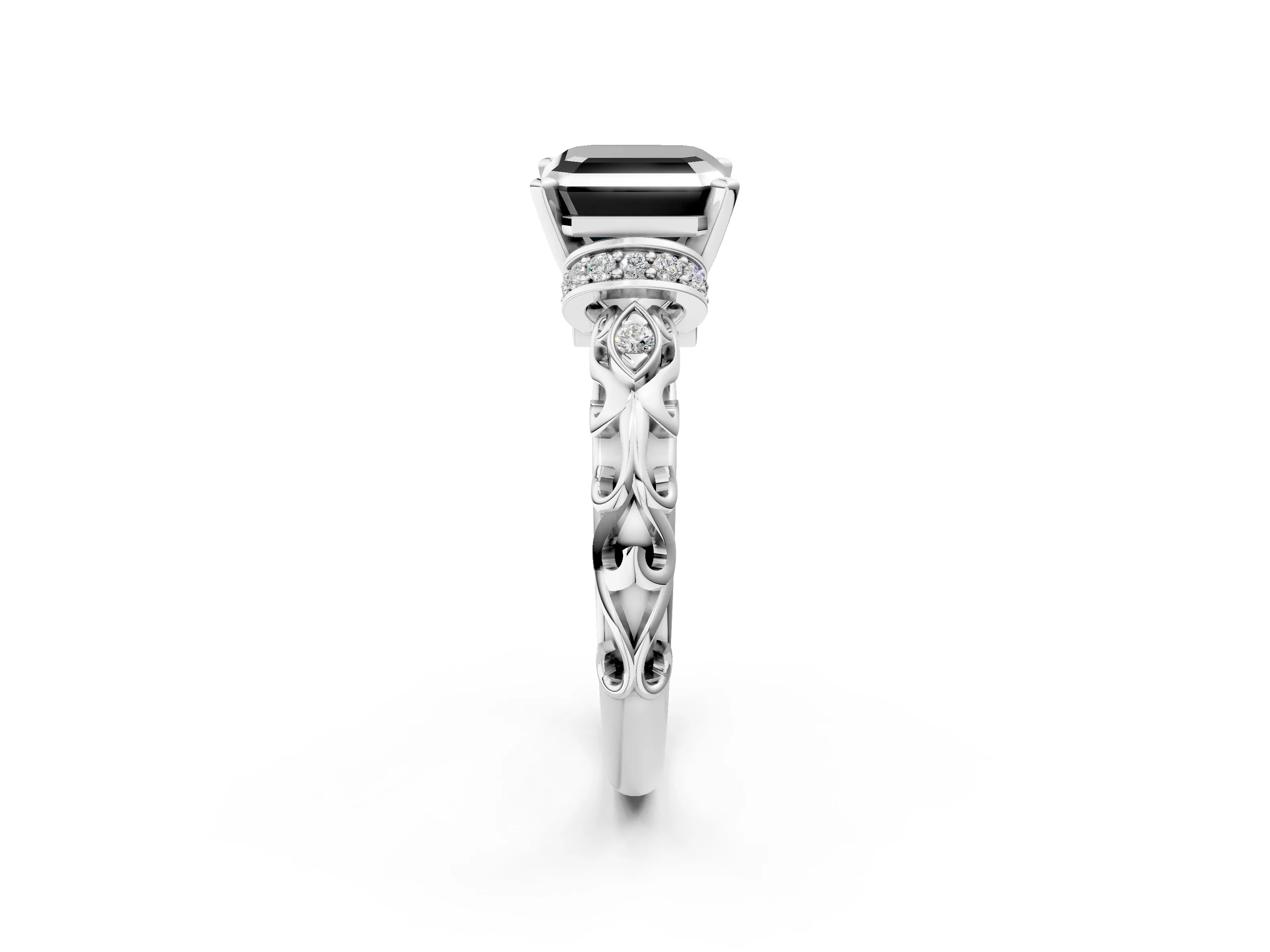 White gold Fancy Black Asscher Cut Diamond Solitaire Ring with Filigree Band and Four-Prong Setting_14
