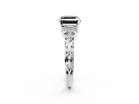 White gold Fancy Black Asscher Cut Diamond Solitaire Ring with Filigree Band and Four-Prong Setting_14