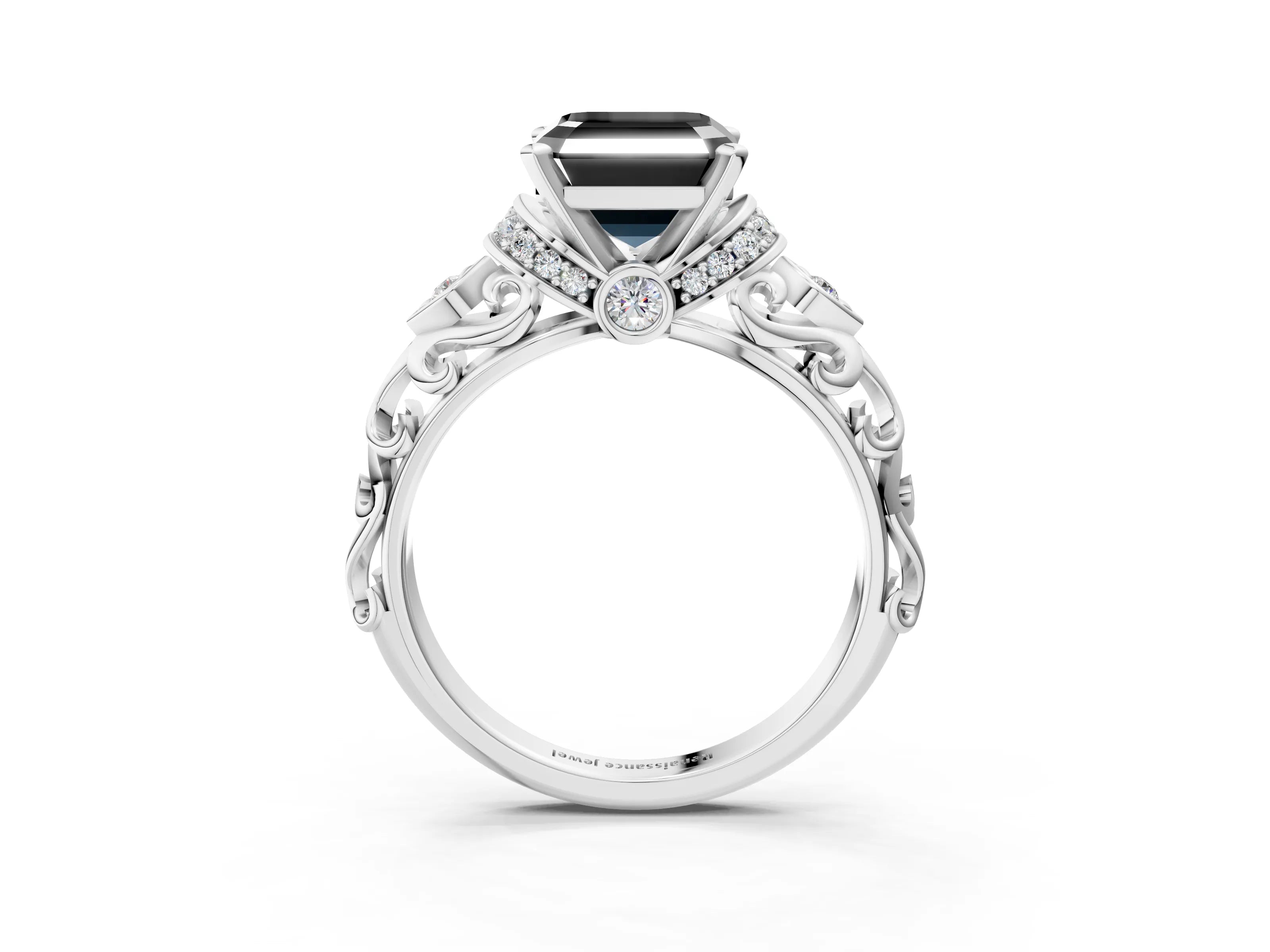 White gold Fancy Black Asscher Cut Diamond Solitaire Ring with Filigree Band and Four-Prong Setting_15