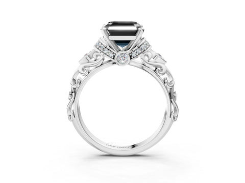 White gold Fancy Black Asscher Cut Diamond Solitaire Ring with Filigree Band and Four-Prong Setting_15