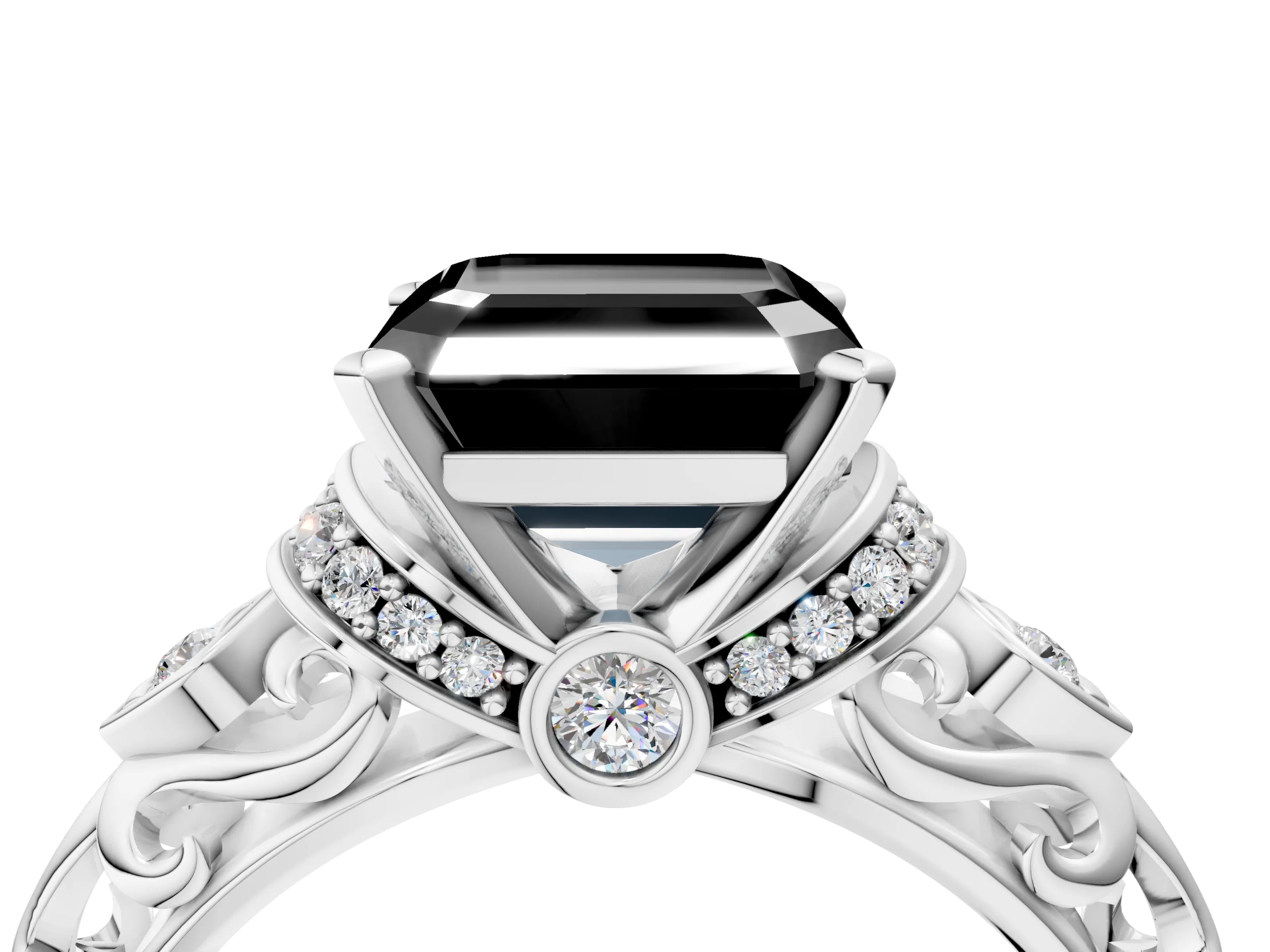White gold Fancy Black Asscher Cut Diamond Solitaire Ring with Filigree Band and Four-Prong Setting_16