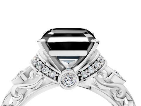 White gold Fancy Black Asscher Cut Diamond Solitaire Ring with Filigree Band and Four-Prong Setting_16