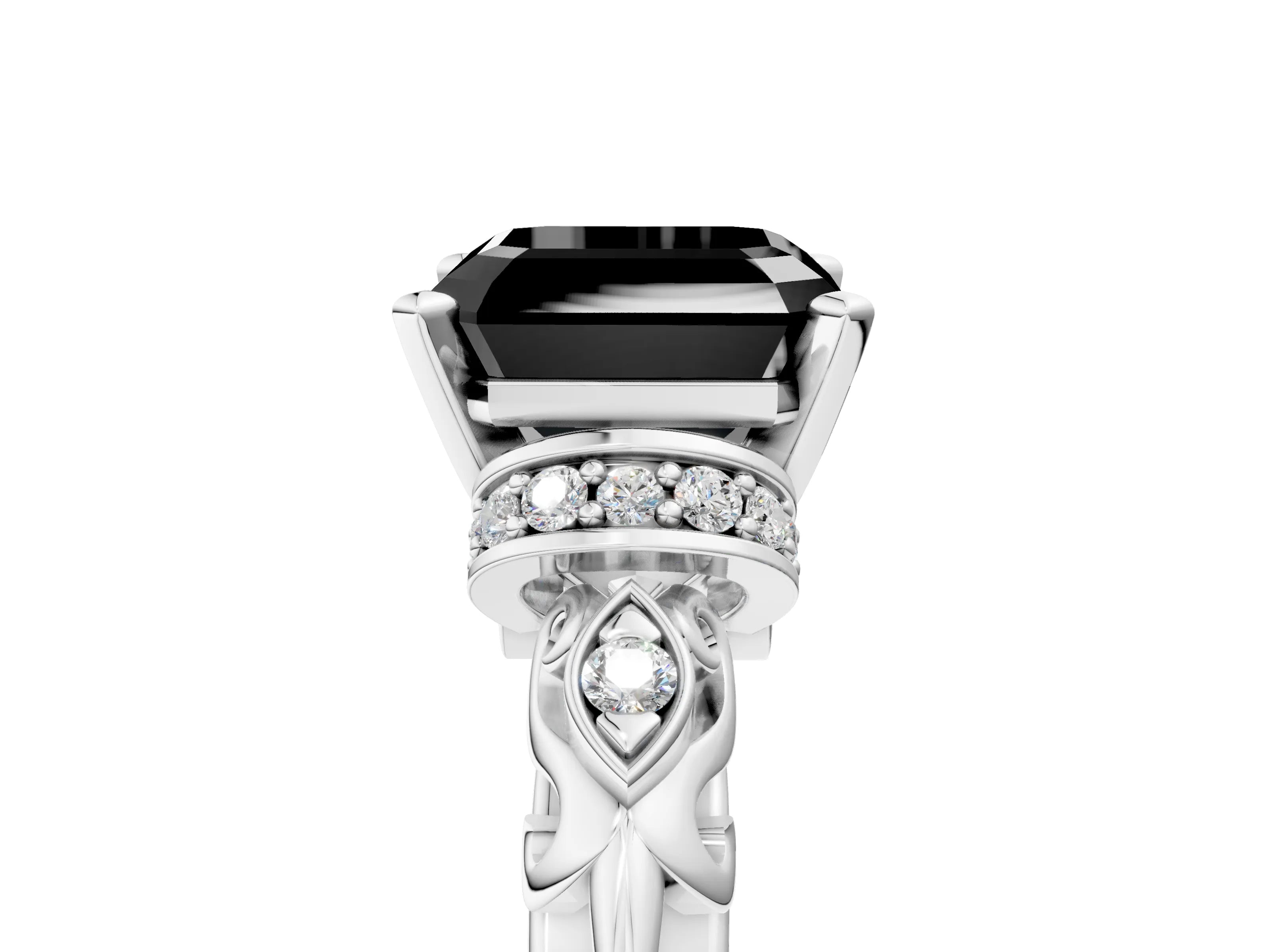 White gold Fancy Black Asscher Cut Diamond Solitaire Ring with Filigree Band and Four-Prong Setting_17