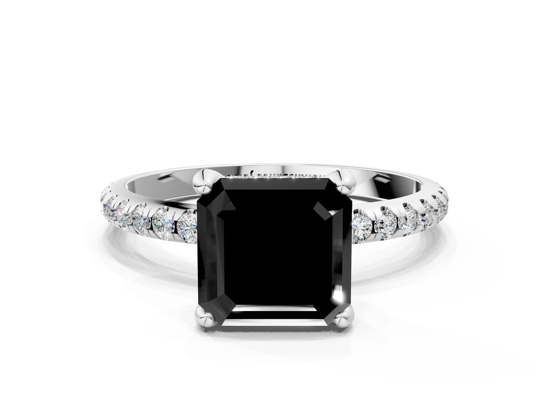 White gold Fancy Black Asscher Cut Diamond Solitaire Ring with Four-Prong Setting and Pavé Band_3