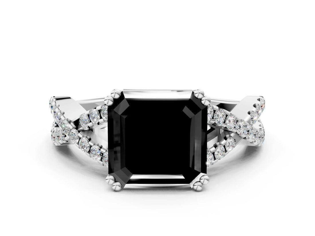 White gold Fancy Black Asscher Cut Diamond Solitaire Ring with Four-Prong Setting and Twisted Pavé Band