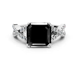White gold Fancy Black Asscher Cut Diamond Solitaire Ring with Four-Prong Setting and Twisted Pavé Band