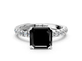 White gold Fancy Black Asscher Cut Diamond Solitaire Ring with Pavé Accents and Four-Prong Setting