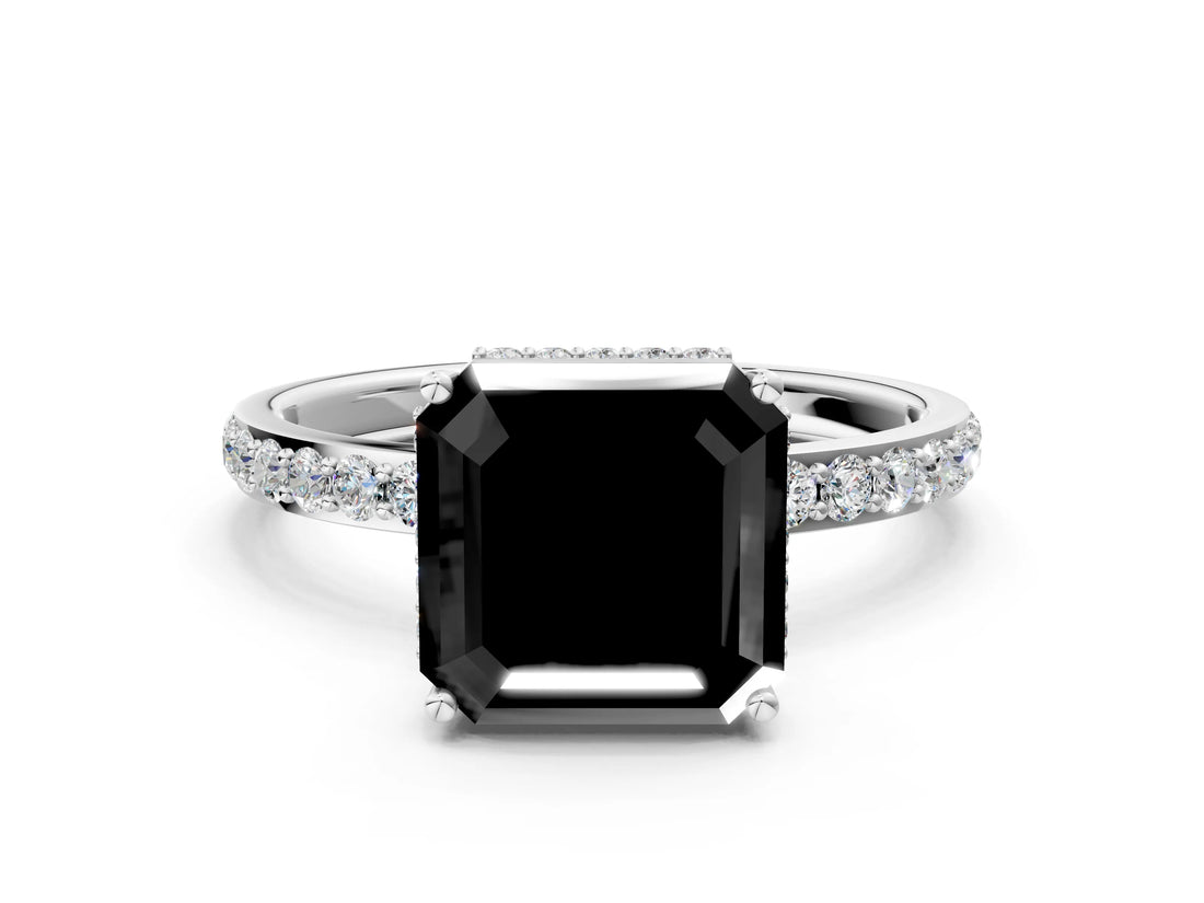White gold Fancy Black Asscher Cut Diamond Solitaire Ring with Pavé Band and Hidden Halo_24