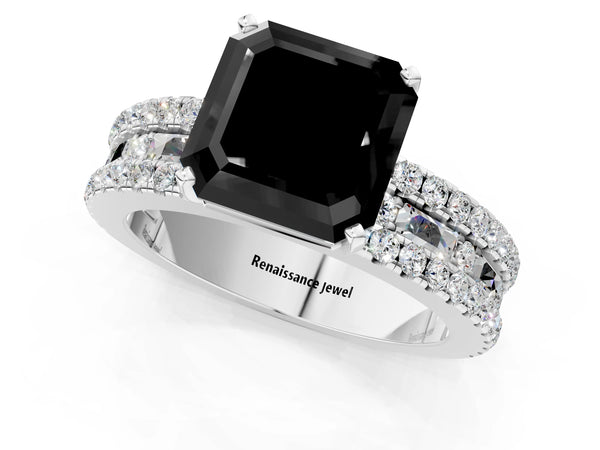 Platinum Asscher Cut Pave and Baguette Engagement Ring Setting for Black Center