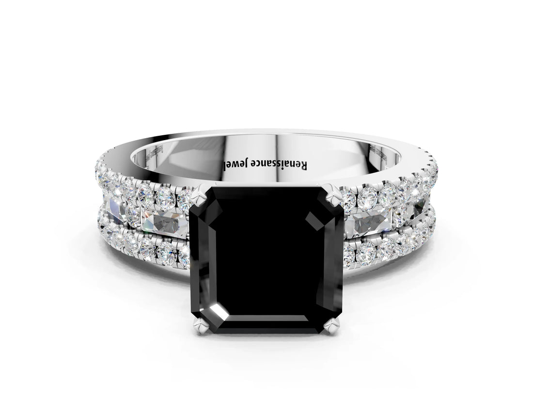 White gold Fancy Black Asscher Cut Diamond Solitaire Ring with Pavé and Channel Set Band