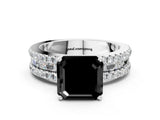 White gold Fancy Black Asscher Cut Diamond Solitaire Ring with Pavé and Channel Set Band