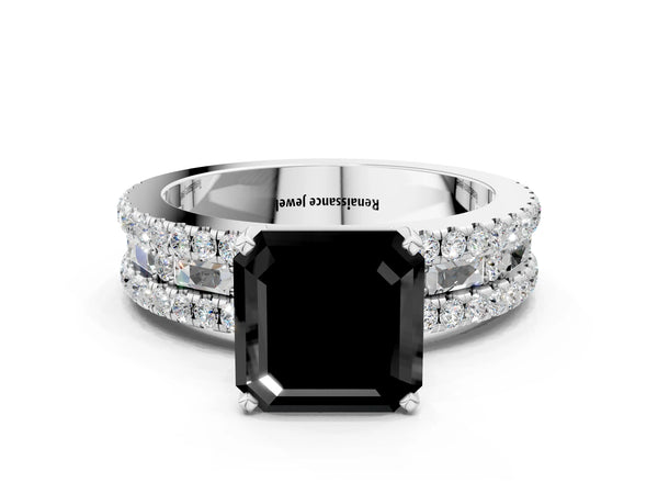 Sterling Silver Asscher Cut Pave and Baguette Engagement Ring Setting for Black Center