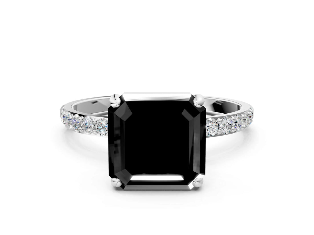 White gold Fancy Black Asscher Cut Diamond Solitaire Ring with Pave Band and Four Prong Setting_24