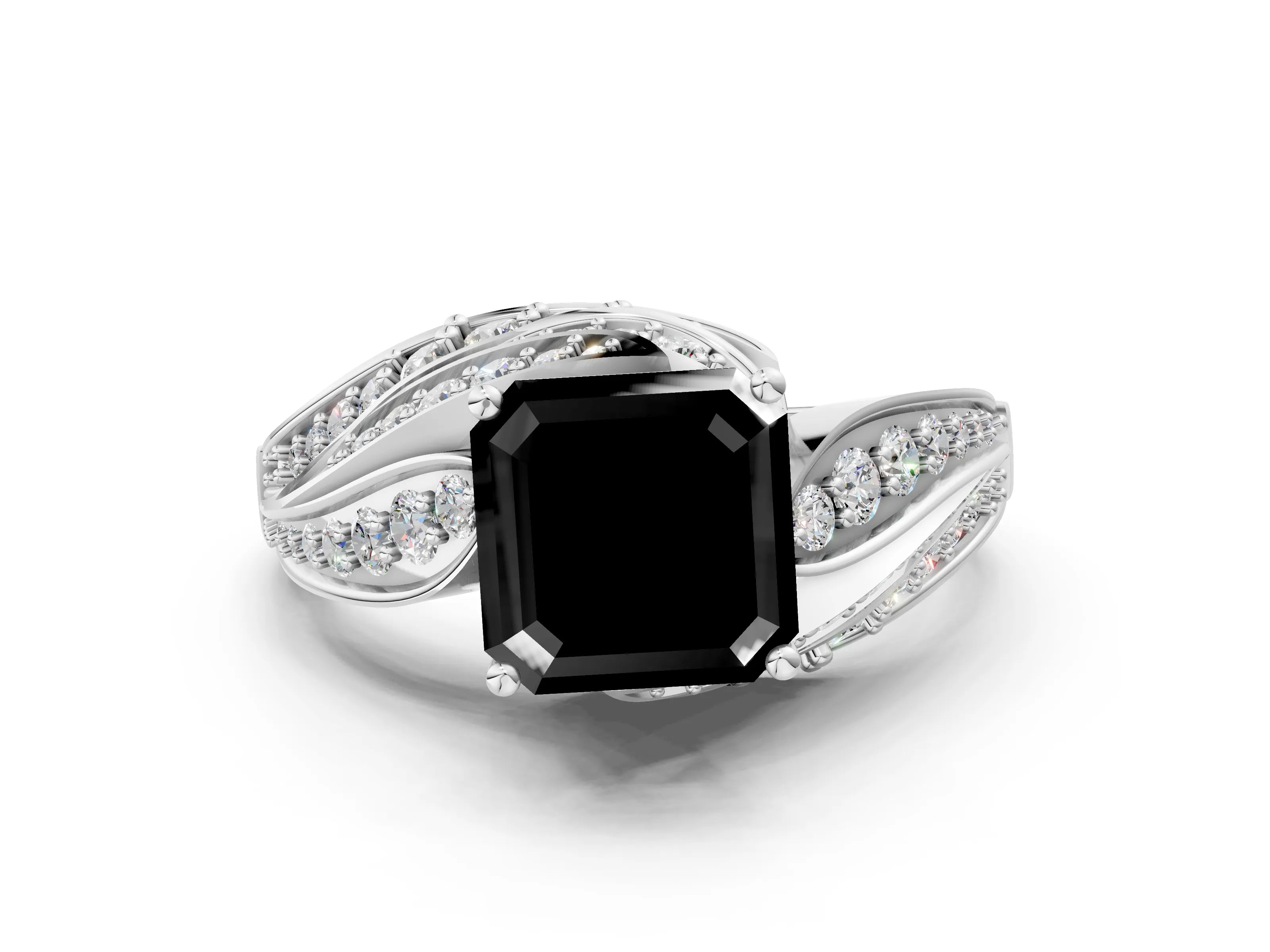 White gold Fancy Black Asscher Cut Diamond Solitaire Ring with Prong Setting and Twisted Pavé Band_12