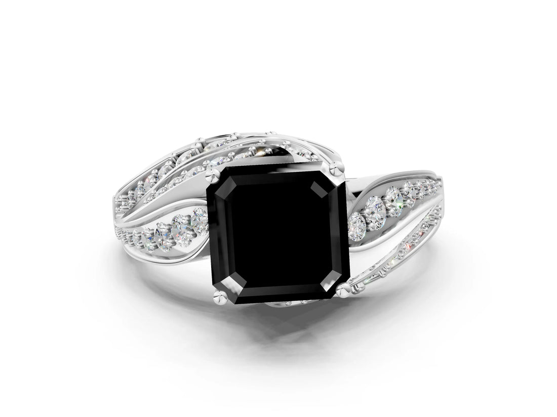 White gold Fancy Black Asscher Cut Diamond Solitaire Ring with Prong Setting and Twisted Pavé Band_12