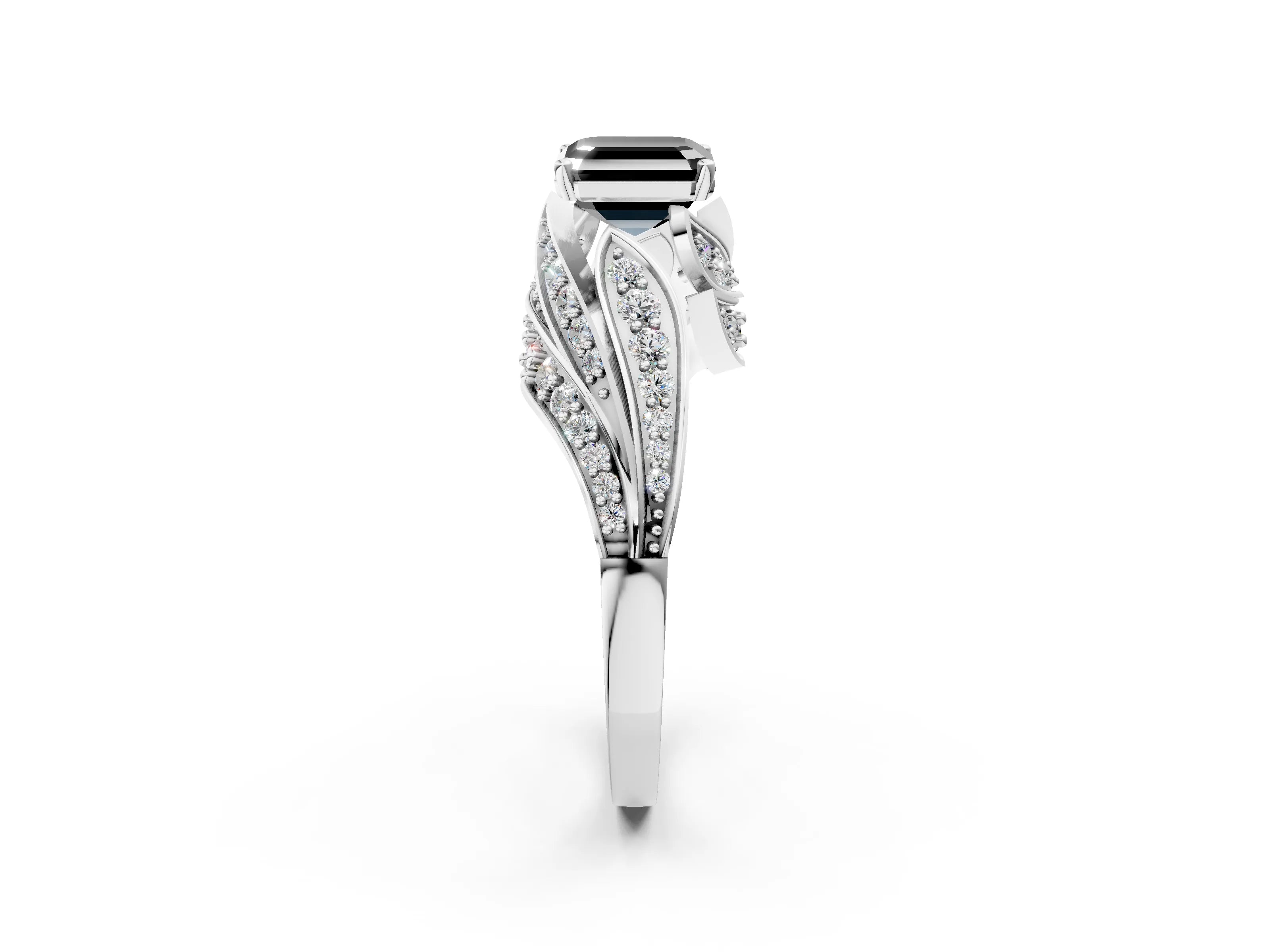 White gold Fancy Black Asscher Cut Diamond Solitaire Ring with Prong Setting and Twisted Pavé Band_14