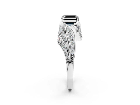White gold Fancy Black Asscher Cut Diamond Solitaire Ring with Prong Setting and Twisted Pavé Band_14