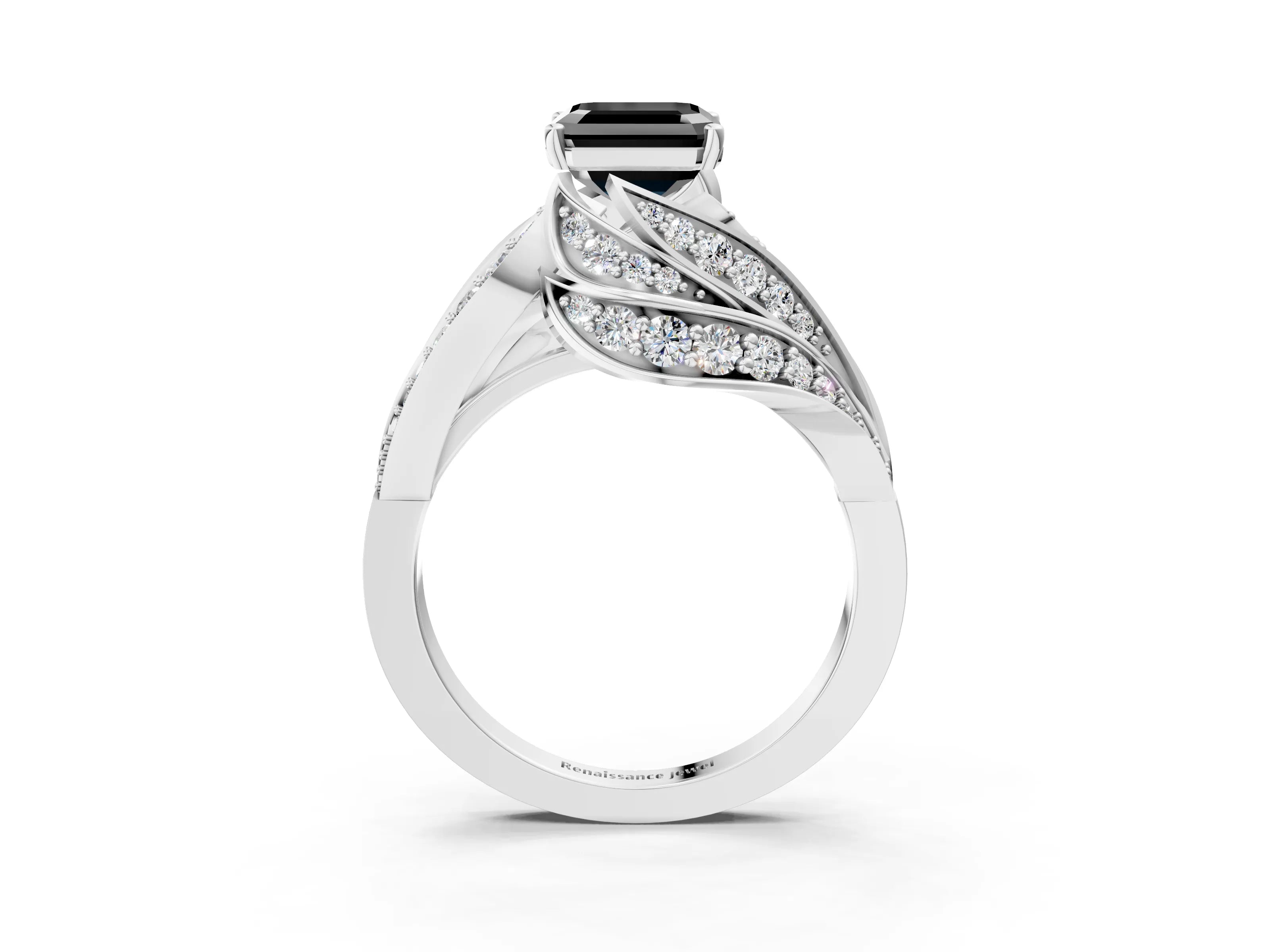 White gold Fancy Black Asscher Cut Diamond Solitaire Ring with Prong Setting and Twisted Pavé Band_15