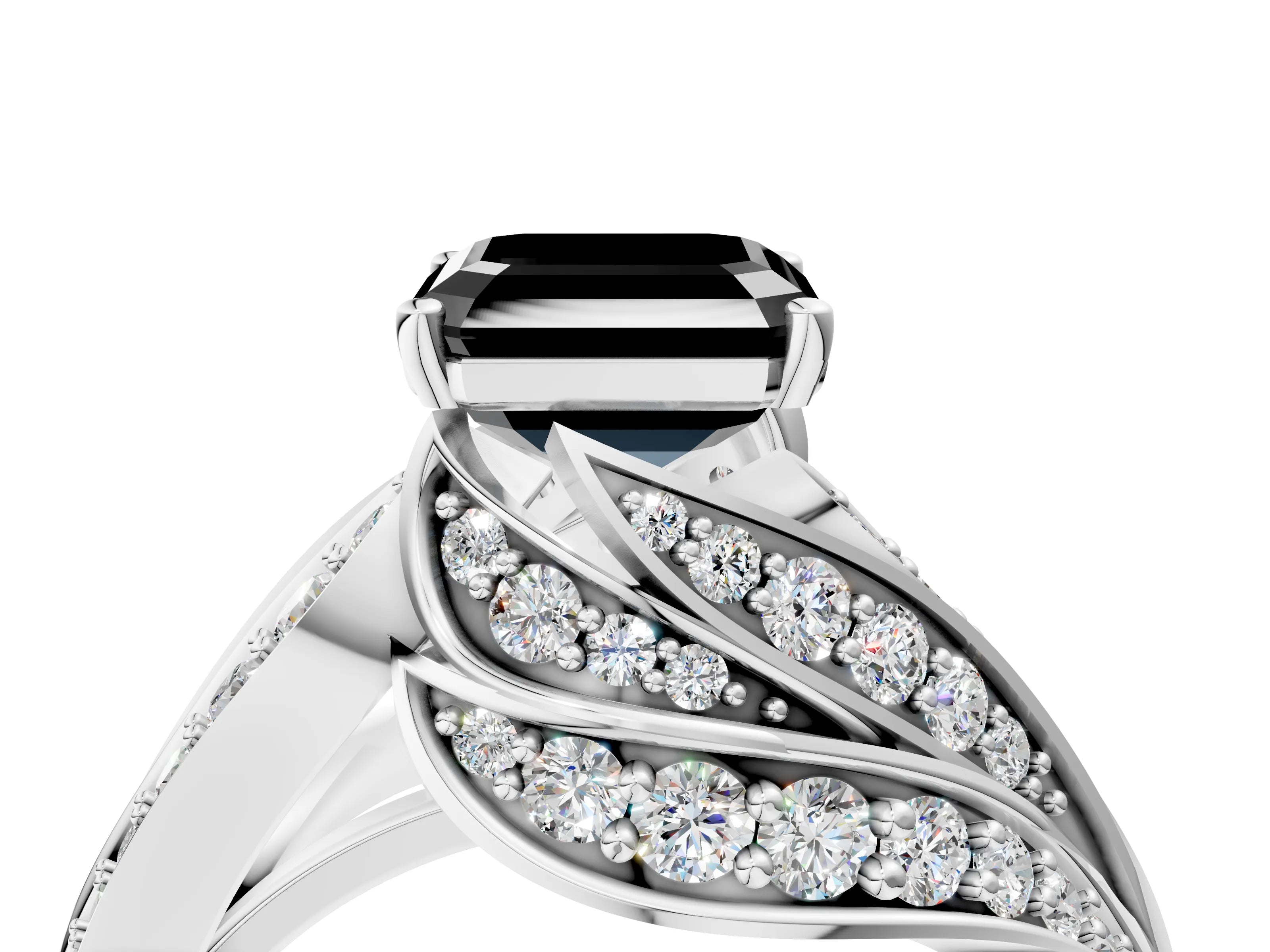 White gold Fancy Black Asscher Cut Diamond Solitaire Ring with Prong Setting and Twisted Pavé Band_16