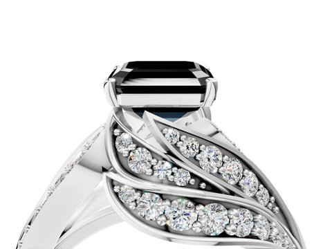 White gold Fancy Black Asscher Cut Diamond Solitaire Ring with Prong Setting and Twisted Pavé Band_16