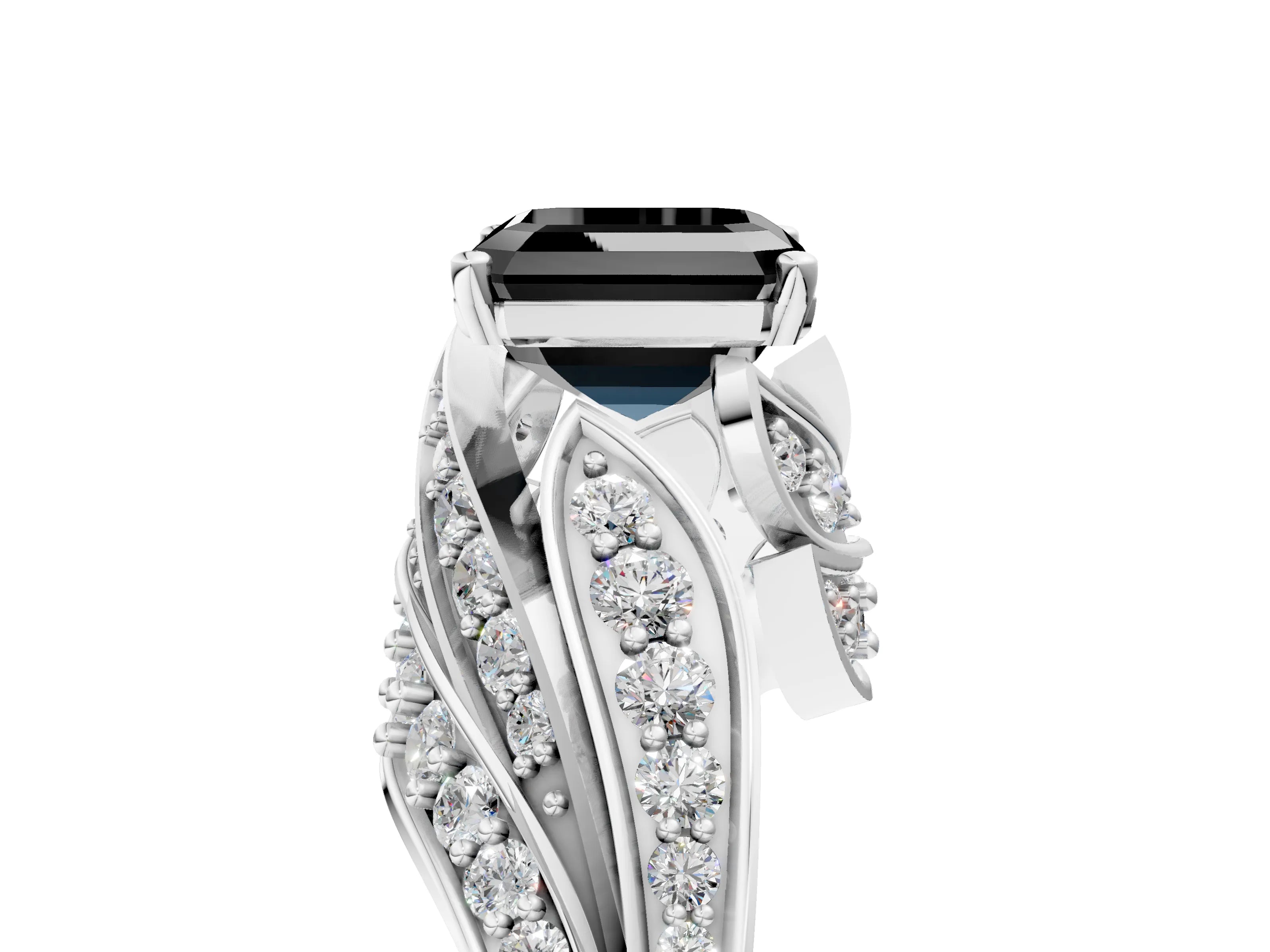 White gold Fancy Black Asscher Cut Diamond Solitaire Ring with Prong Setting and Twisted Pavé Band_17
