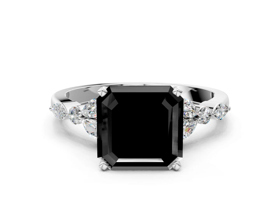 White gold Fancy Black Asscher Cut Diamond Solitaire Ring with Side Stones and Four-Prong Setting_60