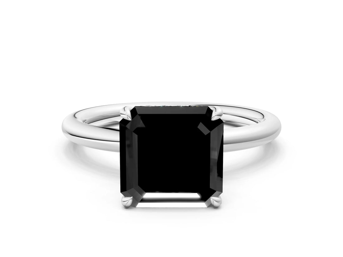 White gold Fancy Black Asscher Cut Diamond Solitaire Ring with Thin Band and Four-Prong Setting
