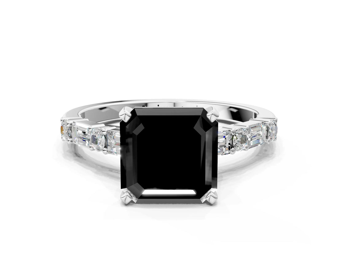 White gold Fancy Black Asscher Cut Diamond Solitaire with Side Baguettes and Channel Set Band_12