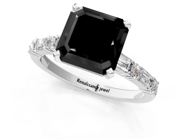 Platinum Asscher Cut Engagement Ring Setting for Black Center with Baguette Sides and Mixed Accents