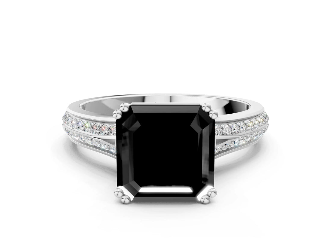 White gold Fancy Black Asscher Cut Diamond Split Shank Engagement Ring with Pavé Band
