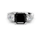 White gold Fancy Black Asscher Cut Diamond Three-Stone Engagement Ring with Prong Setting and Pavé Band