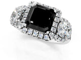 White gold Fancy Black Asscher Cut Diamond Three-Stone Halo Ring with Prong Setting and Pavé Accents_1