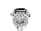 White gold Fancy Black Asscher Cut Diamond Three-Stone Halo Ring with Prong Setting and Pavé Accents_5