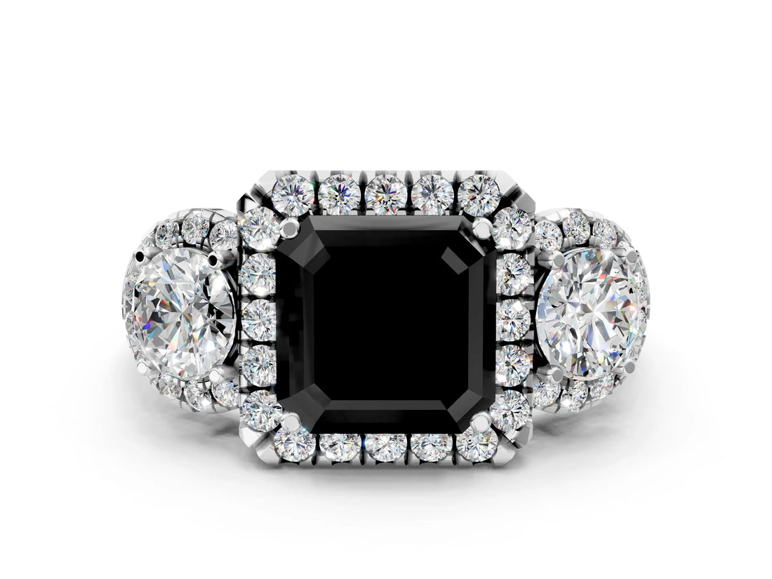 White gold Fancy Black Asscher Cut Diamond Three-Stone Halo Ring with Prong Setting and Pavé Accents