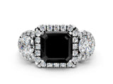 White gold Fancy Black Asscher Cut Diamond Three-Stone Halo Ring with Prong Setting and Pavé Accents