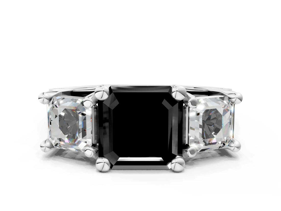White gold Fancy Black Asscher Cut Diamond Three-Stone Ring with Channel Set Band and Four-Prong Setting_84
