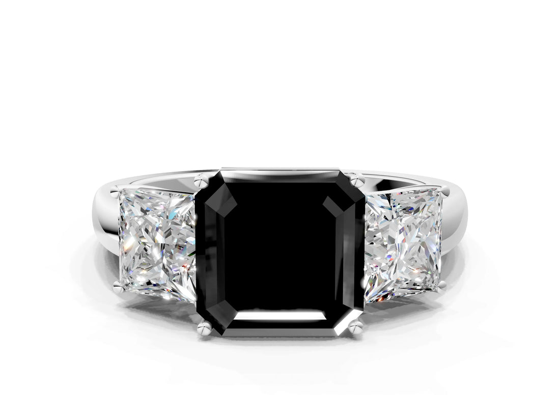 White gold Fancy Black Asscher Cut Diamond Three-Stone Ring with Four-Prong Setting and Classic Band