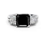 White gold Fancy Black Asscher Cut Diamond Three-Stone Ring with Four-Prong Setting and Classic Band