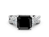 White gold Fancy Black Asscher Cut Diamond Three-Stone Ring with Pavé Split Shank and Four-Prong Setting