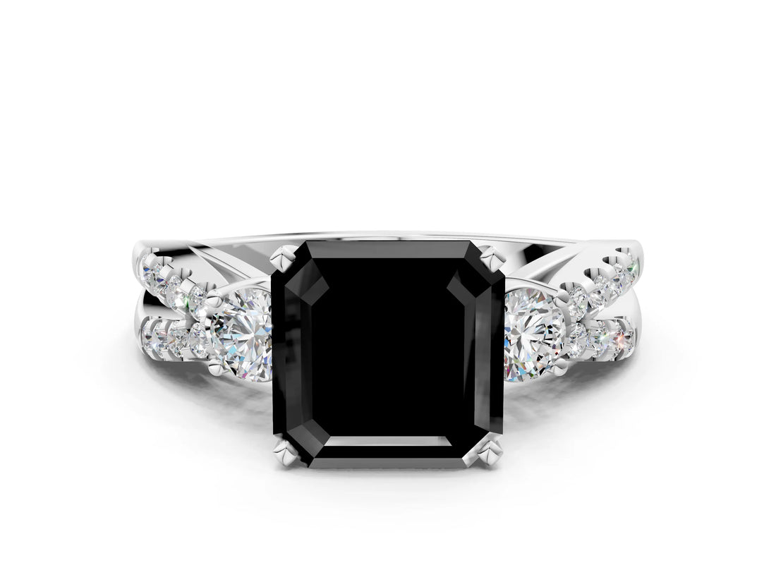 White gold Fancy Black Asscher Cut Diamond Three-Stone Ring with Pavé Split Shank and Four-Prong Setting