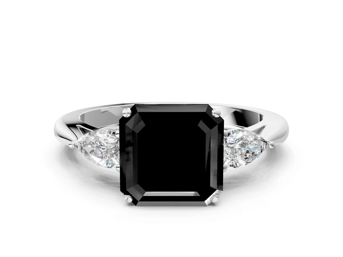 White gold Fancy Black Asscher Cut Diamond Three-Stone Ring with Pear  Side Stones and Prong Setting_96