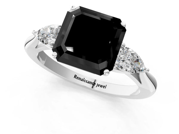 Platinum Asscher Cut Three Stone Pear Side Engagement Ring Setting for Black Center